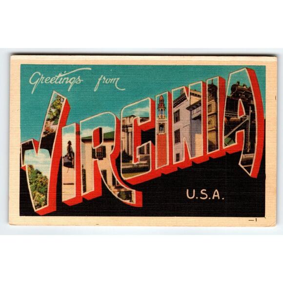 Greetings From Virginia 1940's Vintage Postcard Large Letter Linen Dexter Orig - Picture 1 of 2